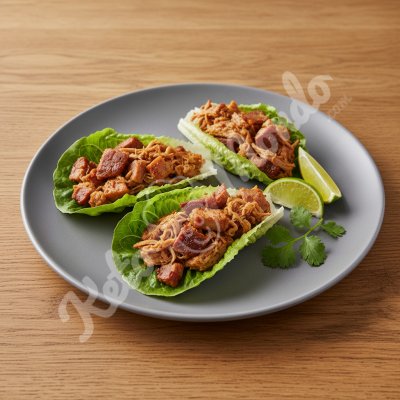 Crispy pork carnitas in lettuce leaves