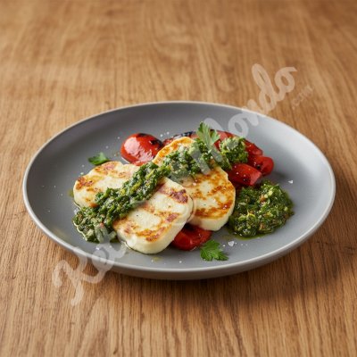 Grilled halloumi, roasted peppers and chimichurri