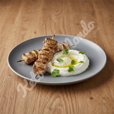 Lamb skewers with za'atar, labneh and lemon