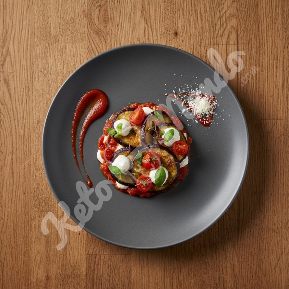 Light Parmigiana with smoked eggplant ricotta and lemon basil coulis