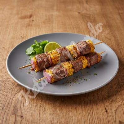Spicy beef and grilled corn skewers