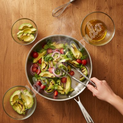 Warm grilled avocado salad with smoked vinaigrette